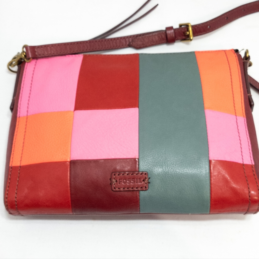 Fossil Leather Red Color Block Slim Crossbody Pur… - image 2